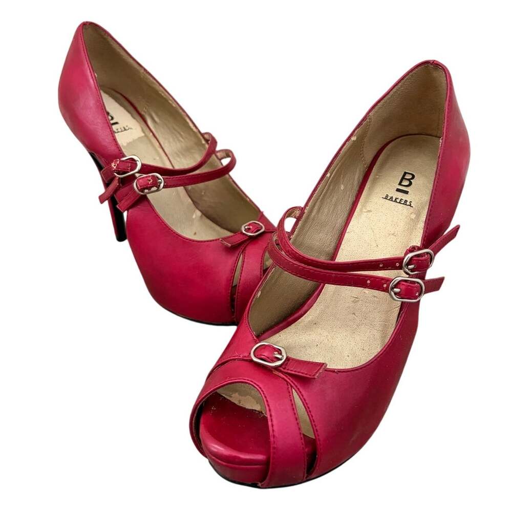 vintage y2k bakers "Kristine" pink metallic mary jane platform peep toe heels